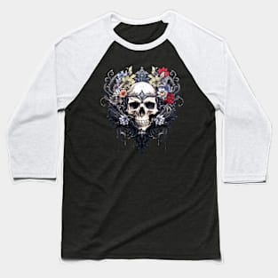 Gothic Skull and Flowers Baseball T-Shirt